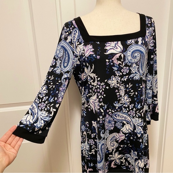 WHBM Paisley Shift Dress Black Blue Lilac White Mini Midi Knee Career Office Lrg - Picture 2 of 14